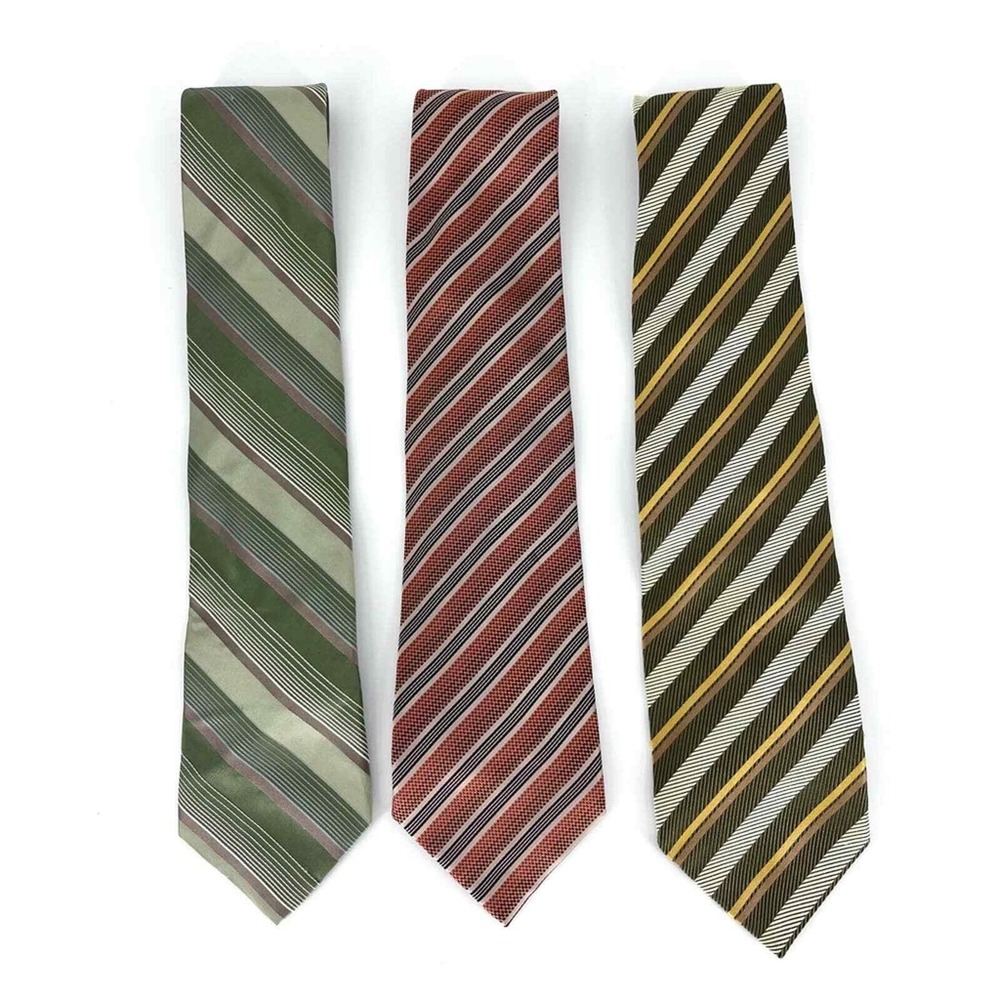 Set of 3 Striped‎ Silk Neck Ties Orange Green Brown OS